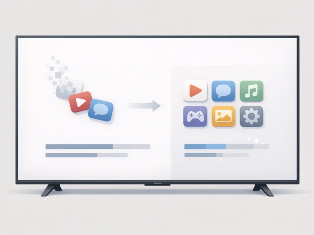 Create a clean, modern, minimalist illustration of a smart TV interface showing storage cleanup. Display a TV screen with app icons being removed, storage bars decreasing, and a tidy organized layout. Use soft neutral colors, subtle shadows, and a professional tech aesthetic. No text, no clutter, simple background.