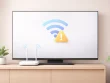 Smart TV network settings screen with Wi-Fi troubleshooting steps in a modern living room