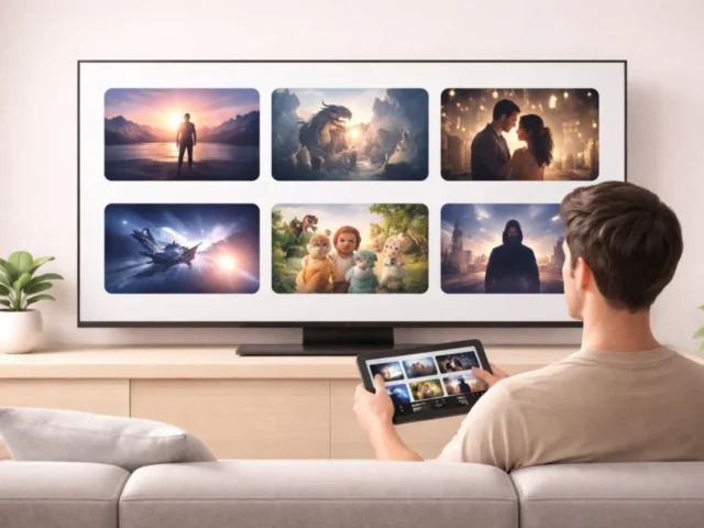 Person comparing streaming plan options on a smart TV and laptop at home