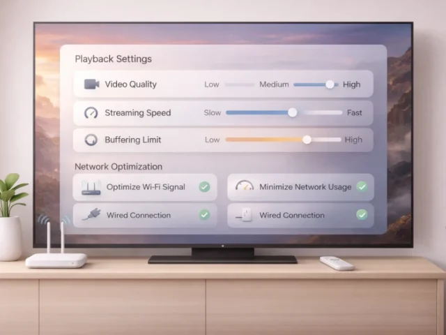TV showing streaming playback settings and network optimization tips to reduce buffering