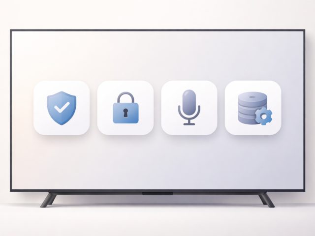 Smart TV privacy settings screen with microphone, ad tracking, and data sharing options