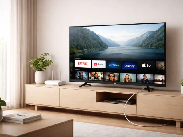 Smart TV connectée en Wi-Fi et par câble Ethernet dans un salon moderne